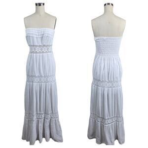 Cotton Natural Maxi Dress White Smocked Strapless Embroidered Hem Ethereal Fairy